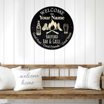 MeMate Outdoor Decor - Personalized Metal Bar and Grill Sign for Patio, Porch, Deck - BBQ Beverage Housewarming Gifts