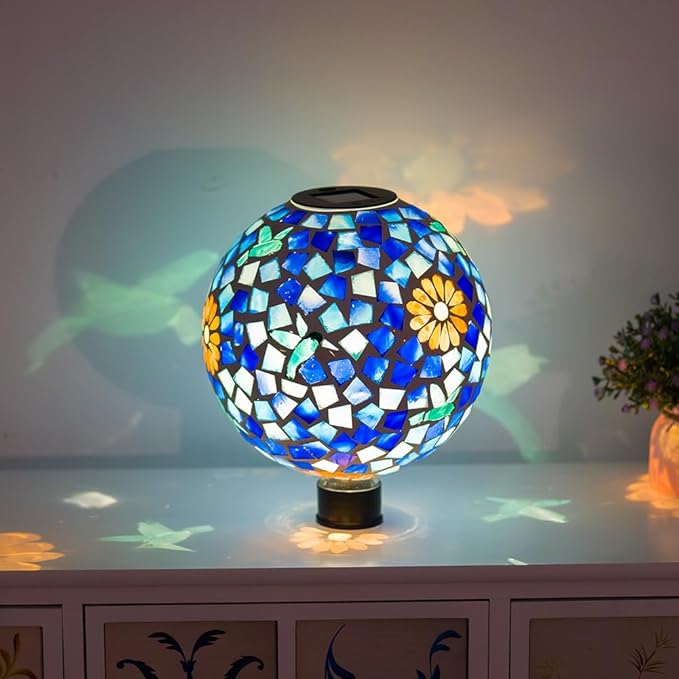 Stargarden Solar Gazing Ball, 10" Mosaic Gazing Ball,Glass Gazing Globe with Metal Stand, Decorative Solar Globes for Patio, Lawn, Garden Decor