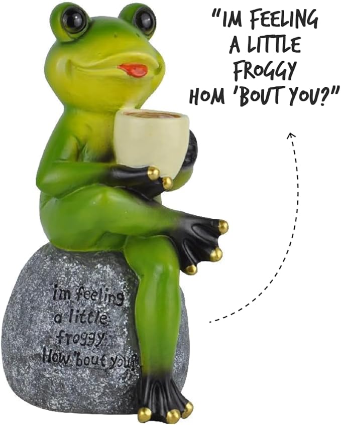OrnamentallyYou Spring & Summer-Themed Garden Statues – Adorable Outdoor Decor for Lawn, Patio & Porch (Coffee Drinking Frog Garden Statue with Funny Quote)
