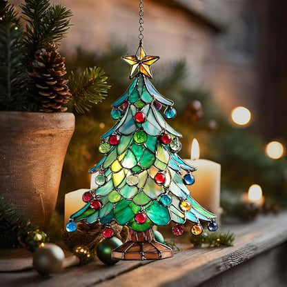 Mosaic Style Christmas Tree Ornaments Acrylic Suncatcher Stained Glass Effect Window Car Hanging Christmas Ornament Indoor Outdoor Decor Garden Sun Catcher Panel for Women Mom Grandma