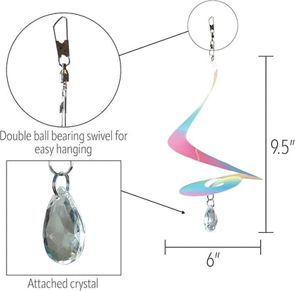 In the Breeze 9157 — 8-inch Striped Iridescent Tear Drop Curlie with Crystal Spinner — Colorful Suncatcher Wind Spinner for Yards and Gardens with Plastic Crystal…