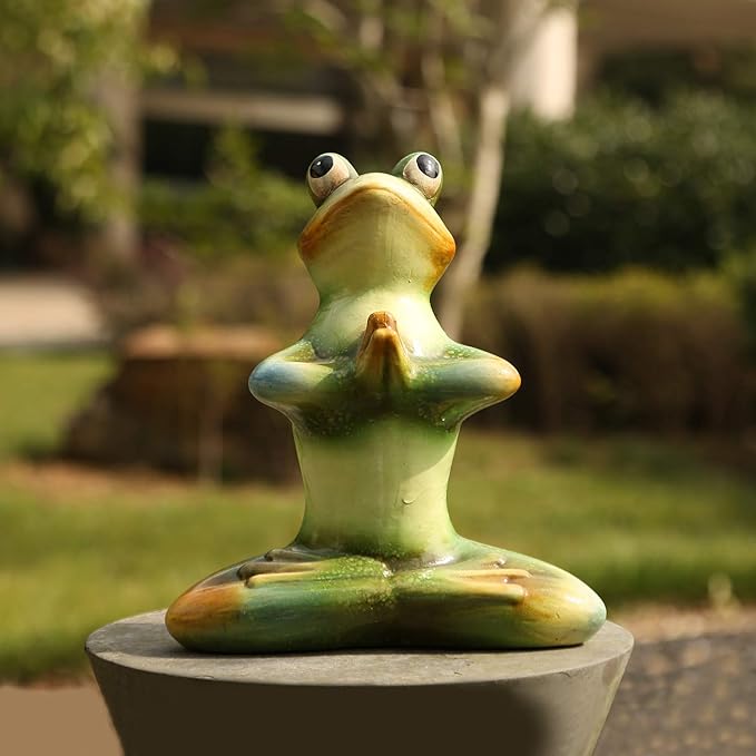 Topadorn Ceramic Yoga Frog Statue, Frog Sitting Sculptures for Office, Garden Decorative Ornaments