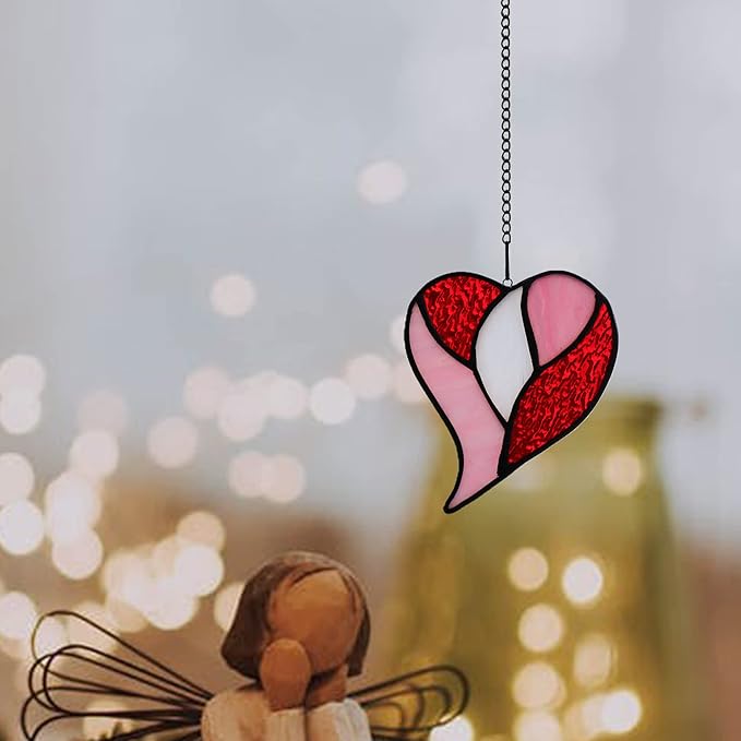 Red Heart Suncatchers Stained Glass Window Hanging, Handmade Heart Ornaments, Birthday Gift for Grandma Mom Sister Aunt,Valentines Day Gift
