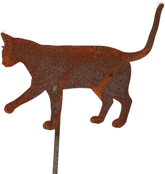 Pets and Farm Animals Metal Garden Landscape Stake (9" Wide Cat on Stake, Naturally Rusted)