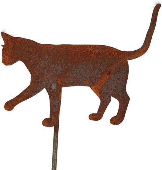 Pets and Farm Animals Metal Garden Landscape Stake (9" Wide Cat on Stake, Naturally Rusted)