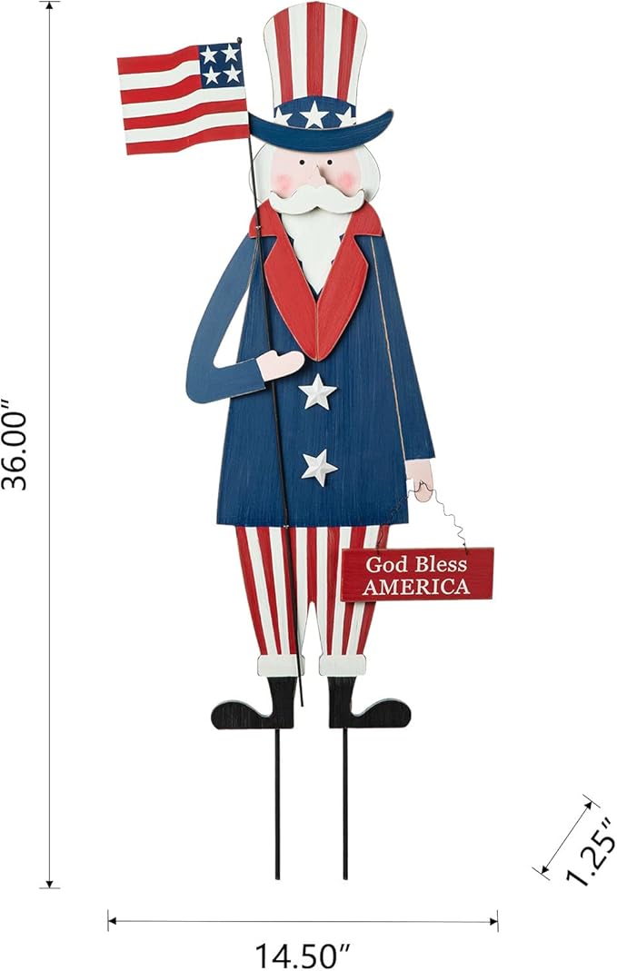 Glitzhome 4th of July Decorations, Uncle Sam Patriotic Yard Sign Stakes Decorations Outdoor, independence day Memorial Garden God Bless America Wall Decor
