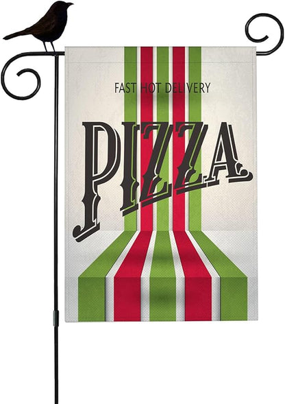 Mugod Retro Pizza Garden Flag 12.5x18 Inch, Italian Food Red Green Striped Double Sided Burlap Yard Flag for Seasonal Farmhouse Outdoor Decor