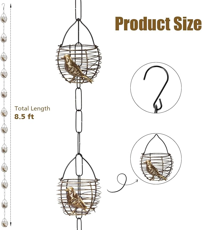 8.5 Ft Rain Chain, Thick Metal Rain Gutter Chains, Adjustable Rain Catcher Chain for Eaves Drainage, Replacement for Downspout, Outdoor Decor