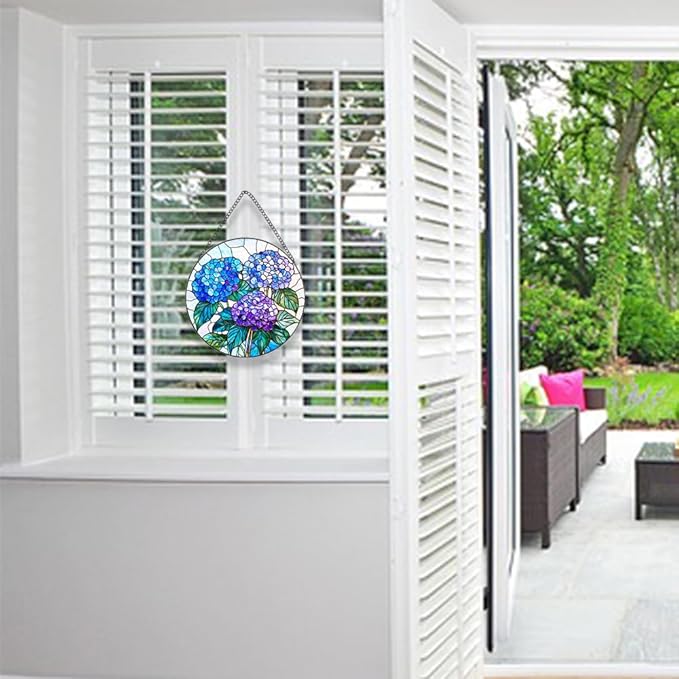 Handmade Hydrangea Flower Stained Glass Suncatcher - Vibrant Window Décor for Home/Garden,Gift-Ready Sun Catcher Art with Hook (Blue, 7.8 * 7.8IN)