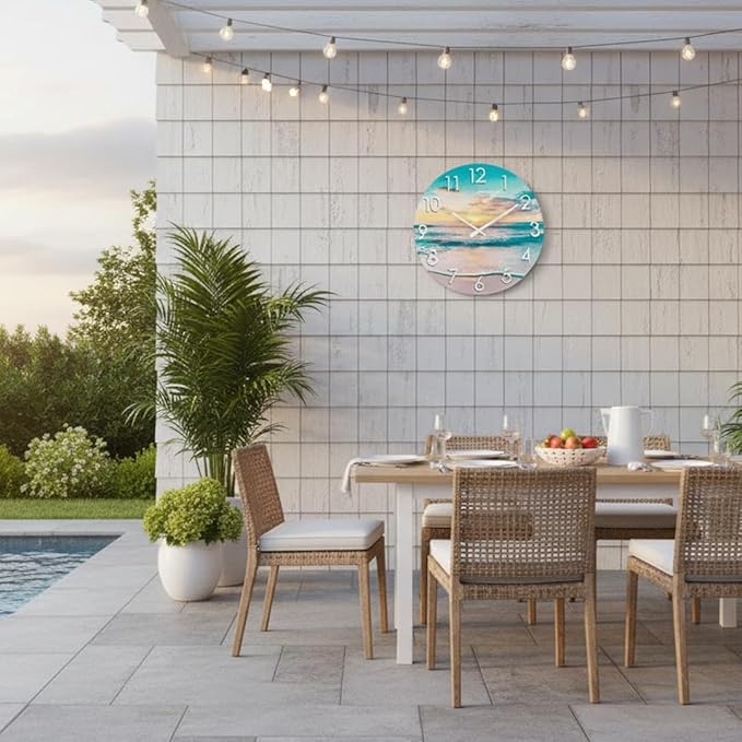 14 Inch Outdoor Wall Clock Waterproof – Tempered Glass with Stunning Sunset Beach & Sand Scene, UV Resistant Silent Battery Operated, Coastal Decor for Patio, Pool, Backyard & Bathroom
