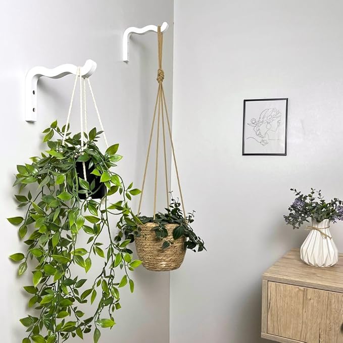 EvenWood 2-Piece Set of Wavy Wooden Wall Planters for Indoor Plants 6 Inch - Natural Plant Hook for Wall Plant, Wind Chimes, Flower Brackets, Patio Garden Decorations - Bracket Plant Hanger (White)