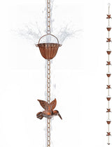 Solid Rain Chain for Gutters – 8.5ft Cast Iron Rain Catcher Chain, Decorative Rain Chimes Outside with 12 Cups & Hummingbird Decor