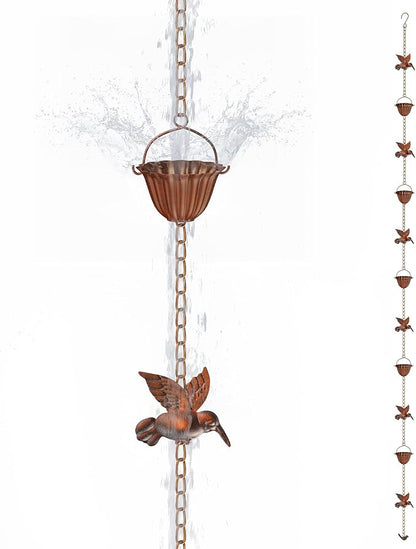 Solid Rain Chain for Gutters – 8.5ft Cast Iron Rain Catcher Chain, Decorative Rain Chimes Outside with 12 Cups & Hummingbird Decor