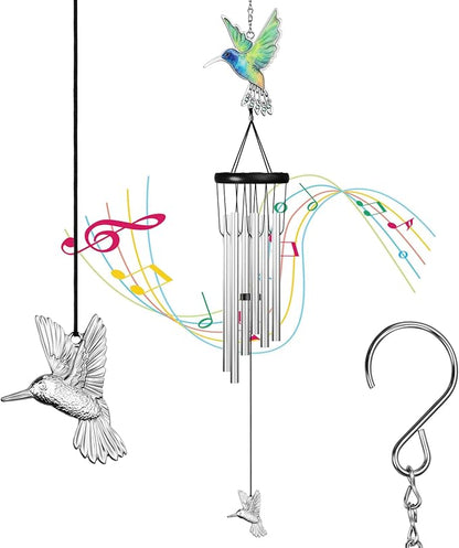 Outdoors Hummingbird Wind Chimes Sympathy Memorial for Loss of Loved One - Soothing Melodic Tones Aluminum Chime Great as a Gift for Your Patio Porch Garden and Backyard (Silvery, Hummingbird)