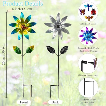 4 Packs Wind Spinner Outdoor, Pinwheels for Yard and Garden, Metal Flower Decorative Garden Stakes for Lawn Patio Porch Decor