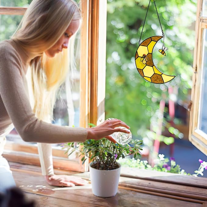 Bee Stained Glass Suncatcher for Window,Honeycomb Stained Glass Window Hanging Moon Decor,Bees Gifts for Women,Bee Lovers,Housewarming Gift,Honeybee Decor for Birthday Party