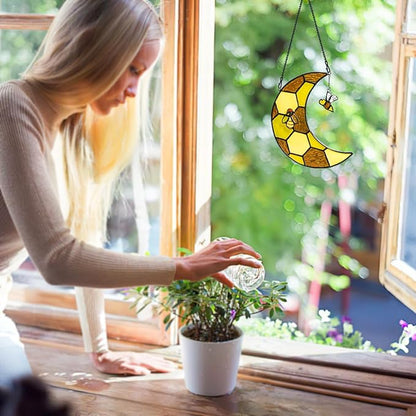 Bee Stained Glass Suncatcher for Window,Honeycomb Stained Glass Window Hanging Moon Decor,Bees Gifts for Women,Bee Lovers,Housewarming Gift,Honeybee Decor for Birthday Party