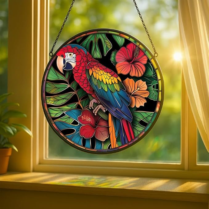 Stained Glass Window Hanging - Tropical Parrot with Hibiscus Flowers Sun Catchers Indoor Stained Glass Panels Wall Decor for Mom Wife Lovers Festive