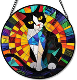 Stained Glass Window Hanging - Tuxedo Cat Rainbow Pattern 6.3in Sun Catchers Indoor Stained Glass Panels Wall Decor for Mom Wife Lovers Festive