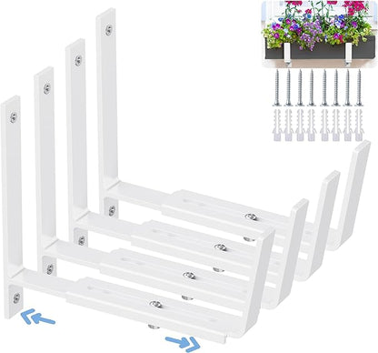 HFHOME 4 PCS Adjustable Planter Box Brackets (6 to 12.5 in), Universal Window Box Brackets, Heavy Duty Metal Flower Box Wall Mounting Hooks for Balcony, Fences, Patio, and Garden - White