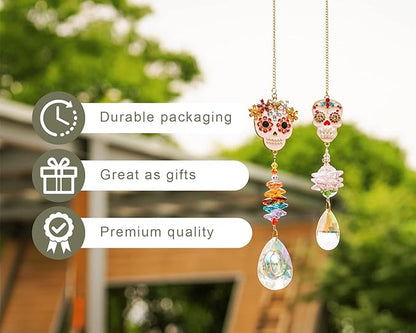 Skull-Shaped Colorful Rhinestones Pendant, Crystal Beads Chain with Glass Chandelier Suncatcher Drops Prisms Hang Ornament, Pack of 2