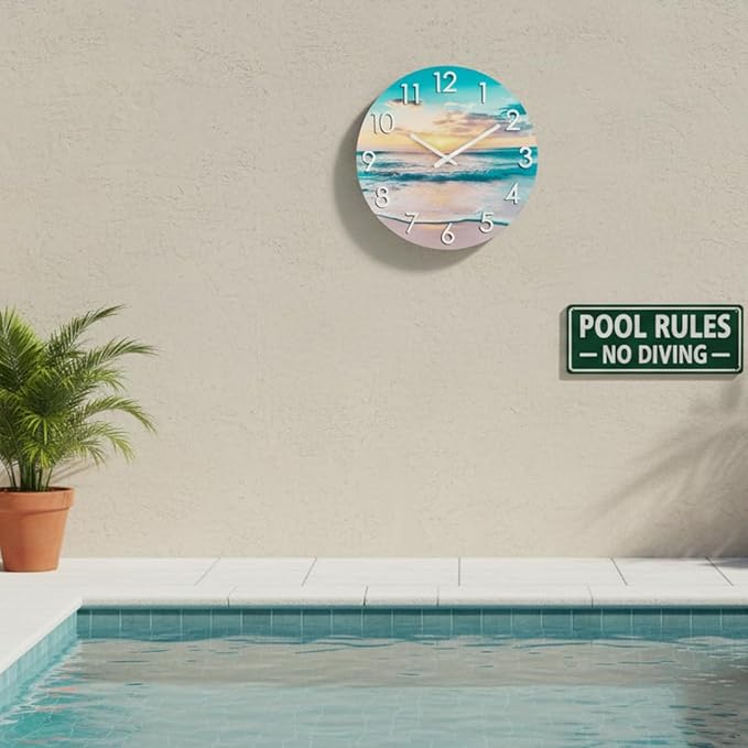 14 Inch Outdoor Wall Clock Waterproof – Tempered Glass with Stunning Sunset Beach & Sand Scene, UV Resistant Silent Battery Operated, Coastal Decor for Patio, Pool, Backyard & Bathroom