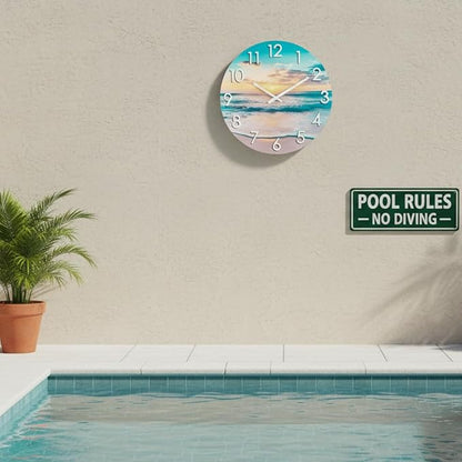 14 Inch Outdoor Wall Clock Waterproof – Tempered Glass with Stunning Sunset Beach & Sand Scene, UV Resistant Silent Battery Operated, Coastal Decor for Patio, Pool, Backyard & Bathroom