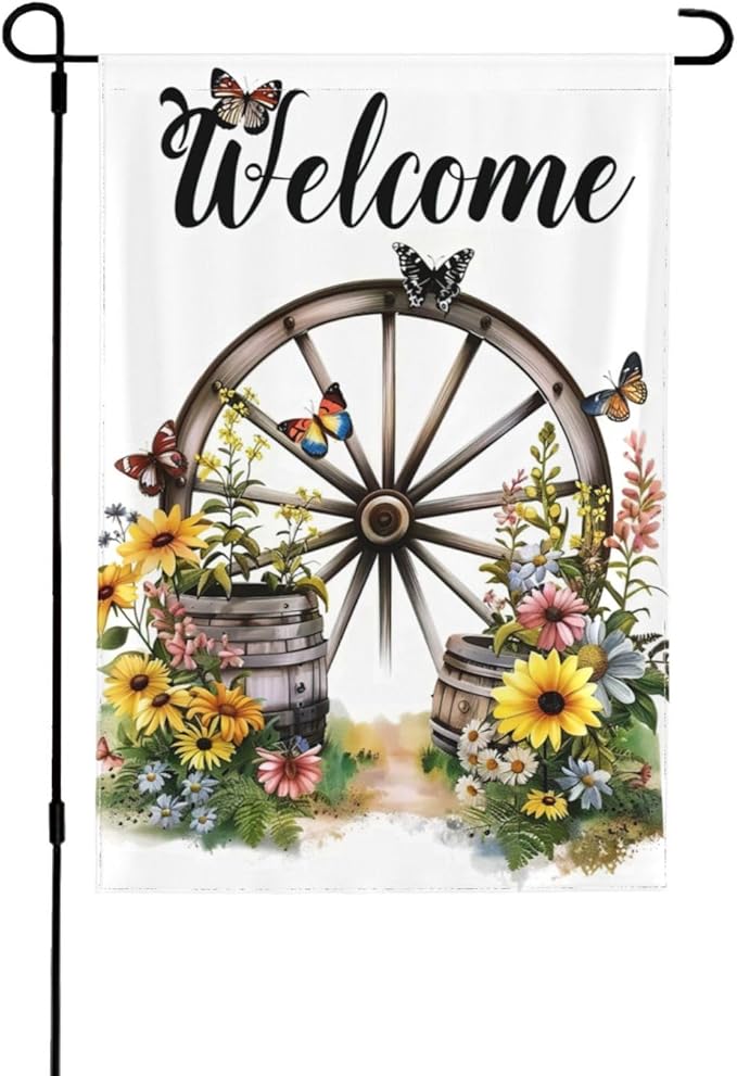 Wagon Wheel With Flowers Butterflies Garden Flags 12×18 Inch Double Sided Decorative Yard Banner Seasonal Flag for Outdoor Outside Decor