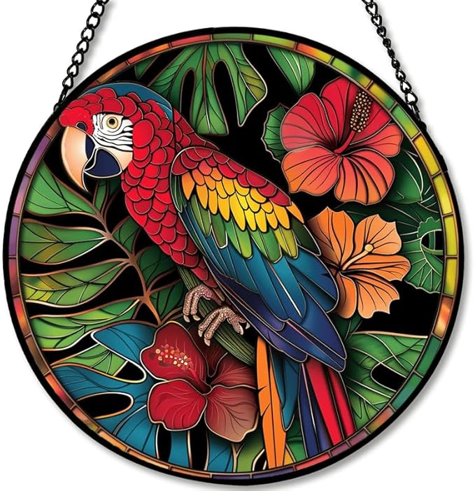 Stained Glass Window Hanging - Tropical Parrot with Hibiscus Flowers Sun Catchers Indoor Stained Glass Panels Wall Decor for Mom,Wife,Lovers,Festive