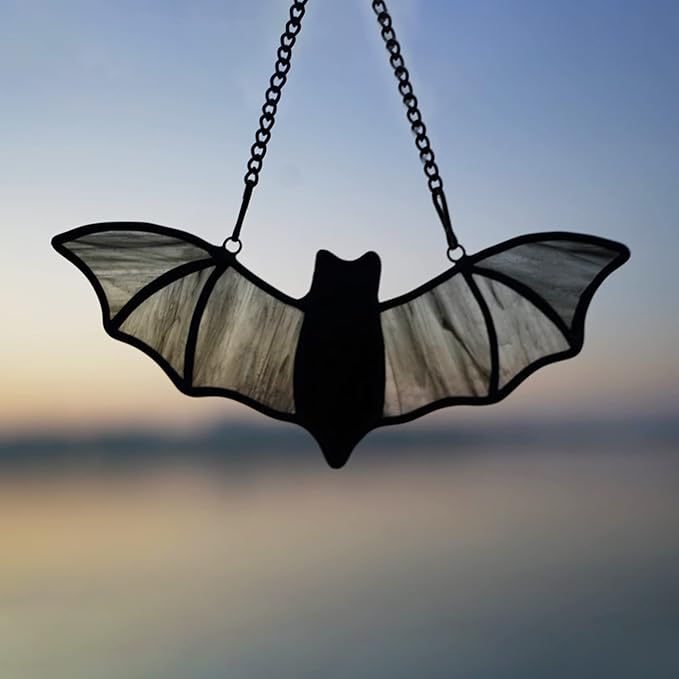 Bat Stained Glass Window Hanging Suncatcher for Window,Halloween Bat Decoration 7.1×3.0 inch…