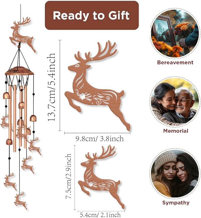 ORIGACH Deer Wind Chimes Metal Wind Chimes for Outside Gifts for Women Mom Grandma Deep Tone Suitable for Outdoor, Indoor, Balcony, Garden, Courtyard, Porch, 33.46-Inch Long