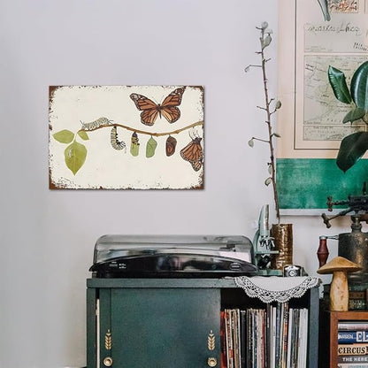 YOYI ART Butterfly Sign - Butterfly Metamorphosis Life Cycle, Vintage Metal Tin Sign for Bedroom, Garden, Girls Room, Outdoor, Patio Wall Art Decor, Gifts for Women Girls, 12 x 8 inch