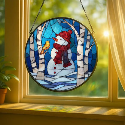 Stained Glass Window Hanging - Christmas Snowman & Bird on Birch Tree Branch Sun Catchers Panel for Indoor Decorative Display for Mom, Wife, Lovers, Festive