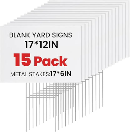15 Pack Yard Signs with Metal Stakes, Custom Yard 17 x 12 Inches, Corrugated Plastic Board for Sale Sign Outdoor, Rent, Guidepost, Garage Sale Signs, Birthday Party