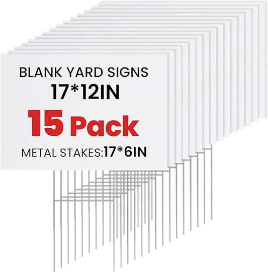 15 Pack Yard Signs with Metal Stakes, Custom Yard 17 x 12 Inches, Corrugated Plastic Board for Sale Sign Outdoor, Rent, Guidepost, Garage Sale Signs, Birthday Party