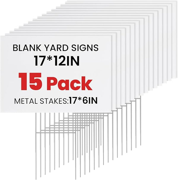 15 Pack Yard Signs with Metal Stakes, Custom Yard 17 x 12 Inches, Corrugated Plastic Board for Sale Sign Outdoor, Rent, Guidepost, Garage Sale Signs, Birthday Party