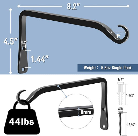FEED GARDEN 2 Pack 8 Inch Hanging Plant Bracket Wall Hooks Decorative Plant Hangers for Outdoor Hanging Bird Feeders, Wind Chimes, Plant Baskets, Black
