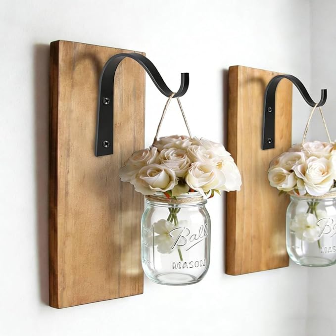 4 Pack Black Iron Wall Hooks for Hanging Plant Lanterns, Plant Hanger Fence Metal Bracket for Bird Feeders, Wind Chimes, Mason Jar Sconces, Light Outdoor Indoor Rustic Home Decor, 4 x 3 Inch