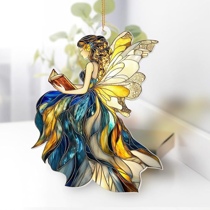 Reading Fairy Book Ornament – Stained Glass Style Acrylic Christmas Ornament, Book Lover Gift for Women, Teacher & Librarian Book Club Decorations, Fantasy Ornament Holiday Décor(Sun-01)