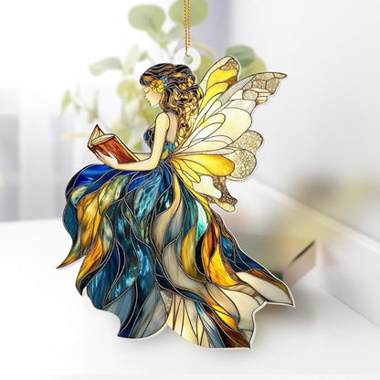 Reading Fairy Book Ornament – Stained Glass Style Acrylic Christmas Ornament, Book Lover Gift for Women, Teacher & Librarian Book Club Decorations, Fantasy Ornament Holiday Décor(Sun-01)