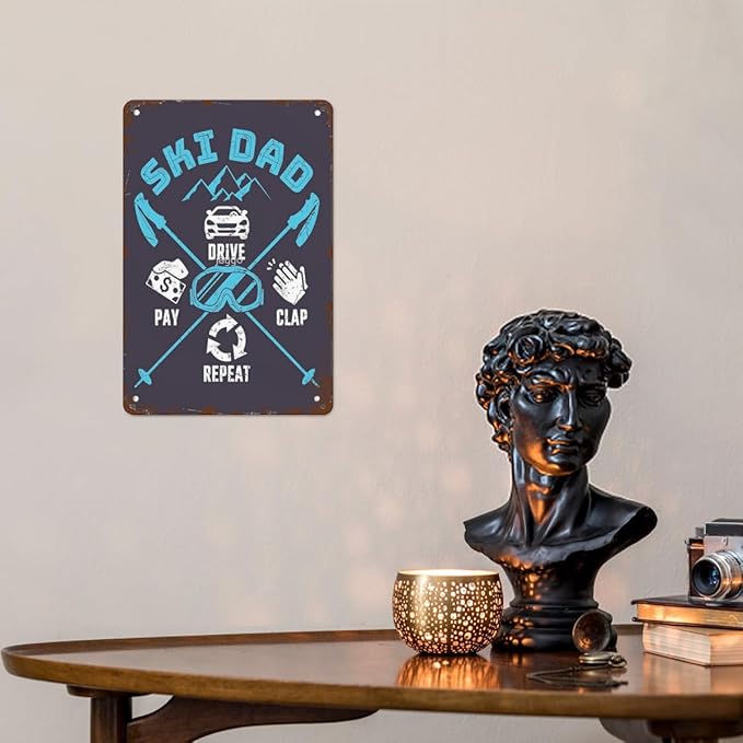 patio wall decor Skiing Dad Drive Pay Clap Repeat metal signs vintage Man Cave Vintage Retro Tin Sign: Decorative Wall Art for Bathroom,Yard,Wedding,Street,Garage,and More 8X12inch