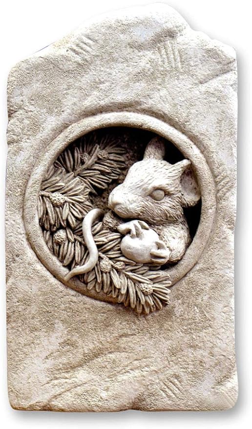 Carruth Studio, Berry Mouse Wall Plaque Garden Statue Figurine, Original Sculpture Handcrafted in Stone, Artisan Made