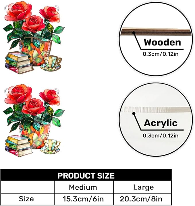 Jesuspirit - Window Hanging Suncatcher – Crystal Clear Acrylic & Wood Sun Catcher for Home Decor, for Women (Nostalgic Roses, Books, and Tea, 6 Inches)