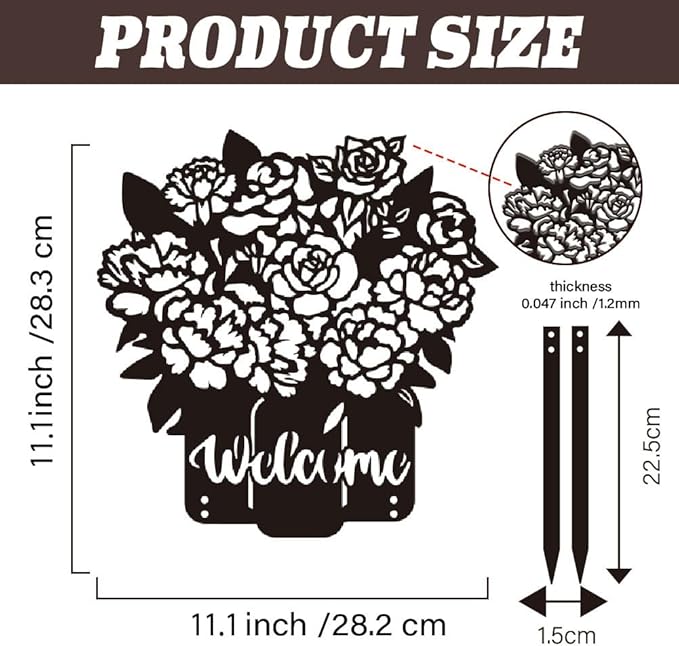 SUPERDANT Flowers Metal Garden Decor Floral Vase Decorative Stakes Welcome Yard Sign Ornament Black Outdoor Iron Fence Signs Wall Art for Home Outside Lawn Porch Walkway Farm Patio Gifts