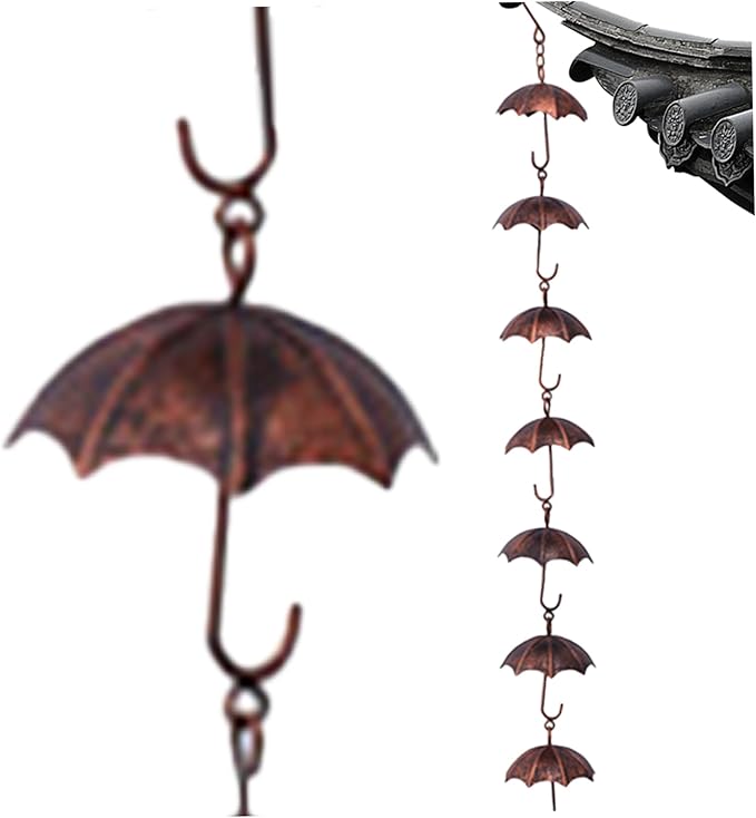 Rain Chain 39 Inch Long Rain Catcher Chain Effective Drainiage 8 Umbrella Cups Rust Resistant Chains for Outside Downspout Decorations, Chains for Gutters, Copper