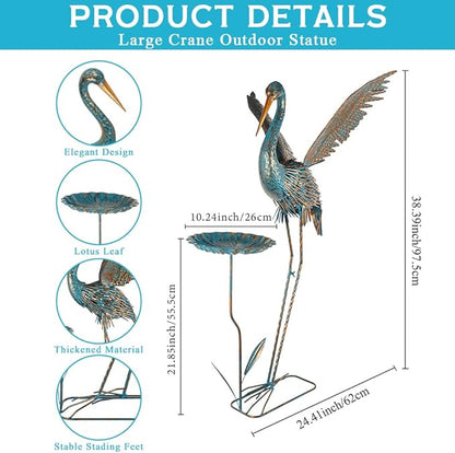 Heron Outdoor Statues with Leaf Tray, Large Crane Garden Statue for Outside, Elegant Metal Crane Yard Art Garden Decor for Garden Yard, Porch