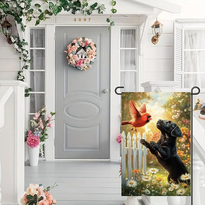 Spring Summer Black Lab Garden Flags 12x18 Double Sided, Small Burlap Seasonal Cardinal Floral Dog Garden Flag Spring Summer Outdoor Yard Decorations for Outside Lawn Decor