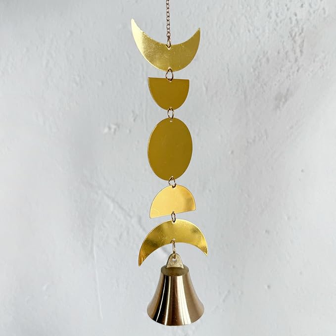 Moon Phase Wind Chimes for Window Hanging Decor,Windchime for Outdoor Garden,Gold Boho Wall Decor