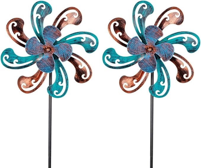 2 Packs Outdoor Metal Wind Spinner, Brown Wind Sculptures Windmill with Stake,Kinetic Yard Art Decor Pinwheels for Garden Outside Patio Lawn