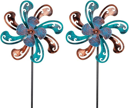 2 Packs Outdoor Metal Wind Spinner, Brown Wind Sculptures Windmill with Stake,Kinetic Yard Art Decor Pinwheels for Garden Outside Patio Lawn